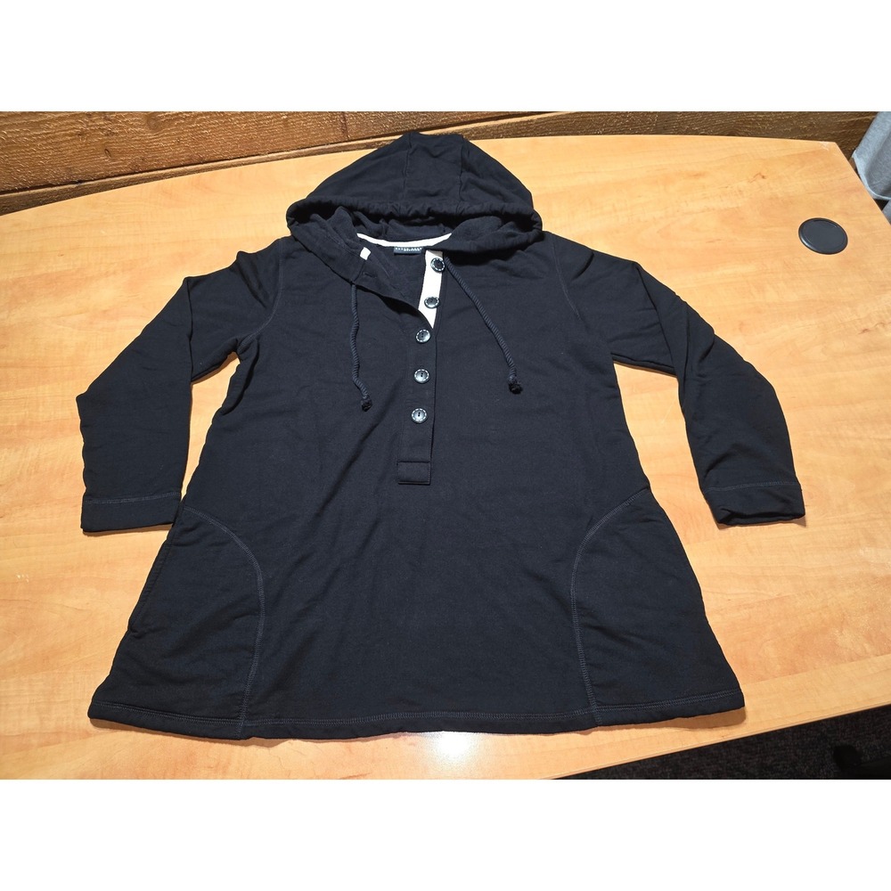 Susan Graver Weekend Black Fleece Henley Hoodie Tunic Pockets Medium